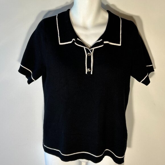 N New Day SZ L Black Viscose Polo Sweater Old Money Quiet Luxury Academia Staple - Picture 5 of 12